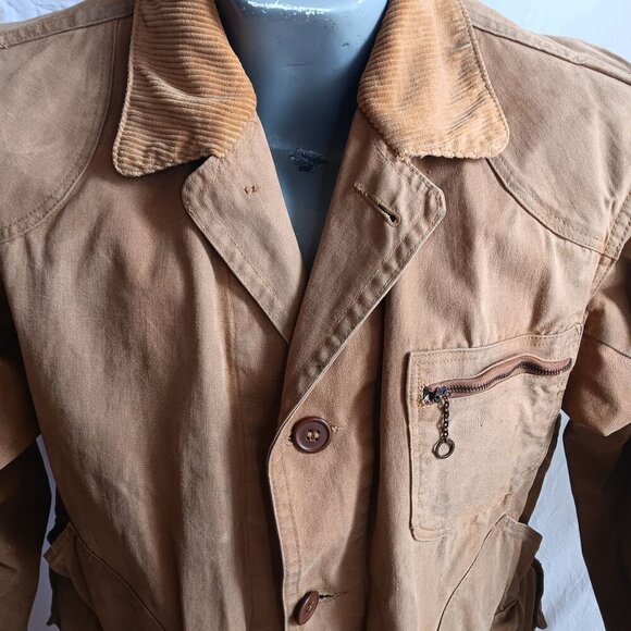 Large Vintage 1950s Tin Cloth Corduroy Collar Hunting Jacket With Shell Pockets - Picture 3 of 11